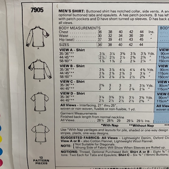 Vintage 1980’s McCall’s uncut #7905 mens sz 36 button up side vent shirt pattern - Picture 3 of 4